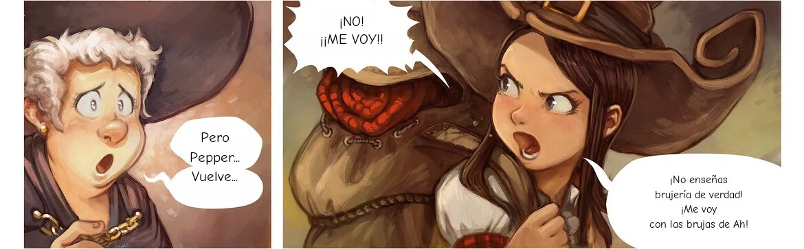 The same two panels with Spanish lettering. The witch says “Pero Pepper… Vuelve…” and Pepper shouts “¡No! ¡¡Me voy!!”