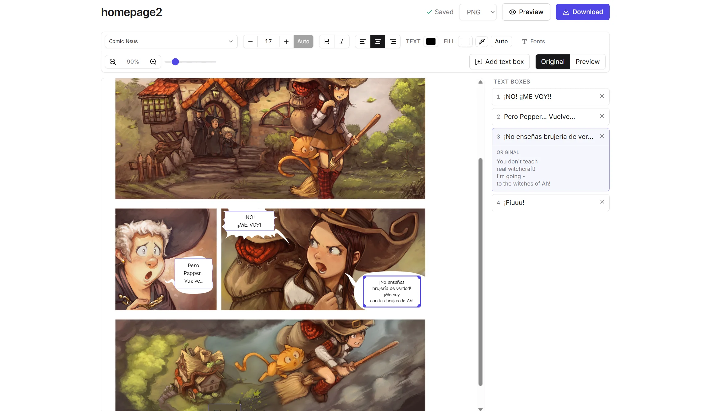 The Yomi editor: a comic page on the left with its speech bubbles outlined as editable text boxes, a formatting toolbar above, and a list of the page's text regions on the right.